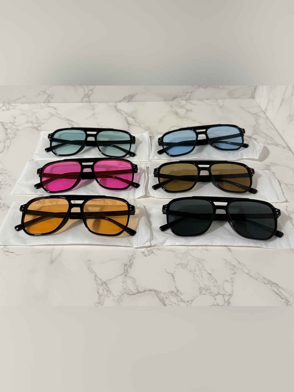 6 Pack Retro 70s Sunglasses Lot Assorted Colors Square Double Bridge Eyewear UV